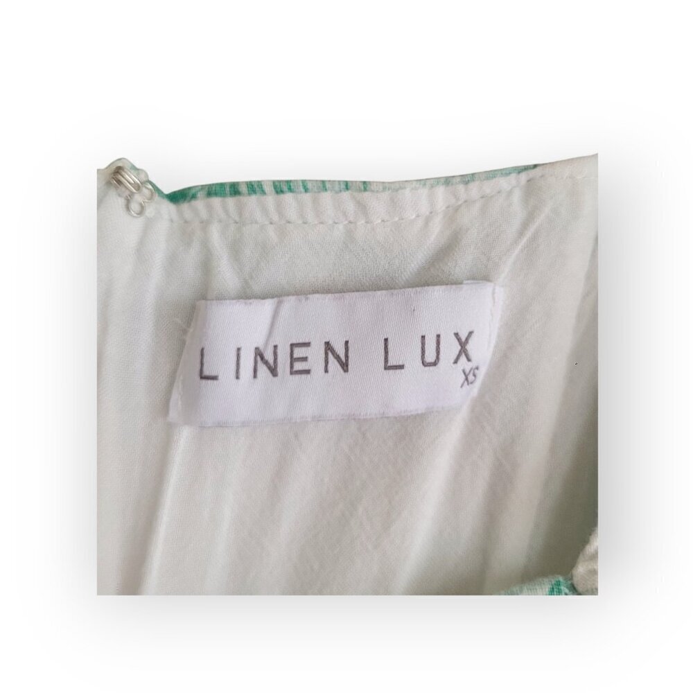 Linen Lux XS Teal Palm Print Linen Blend Mini Dress Square Neck Puff Sleeve Cute - Picture 10 of 14